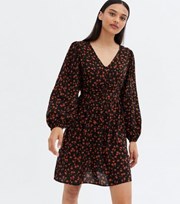 New Look Black Ditsy Floral Ruched V Neck Long Puff Sleeve Mini Dress
